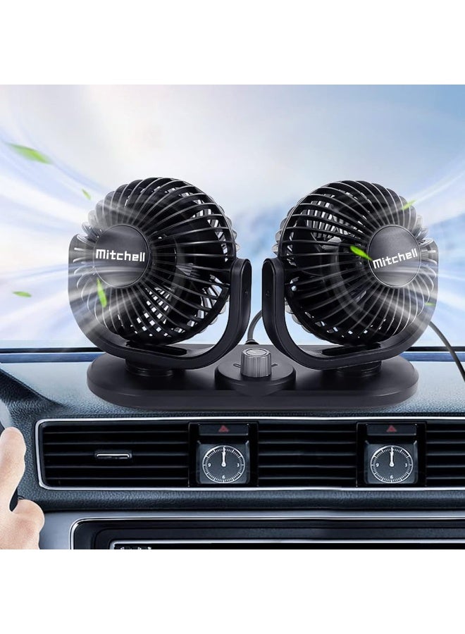 ميتشل مروحة تبريد سيارة ميتشل HX-T303C برأسين مقاس 4 بوصات تعمل بجهد 12 فولت - مروحتان مزدوجتان قابلتان للدوران 360 درجة، تدفق هواء قابل للتعديل بسرعتين، حامل قوي منخفض الضوضاء للوحة القيادة مع لاصق مزدوج الجوانب، قابس ولاعة سجائر للسيارات والشاحنات والمركبات الترفيهية - Image 1